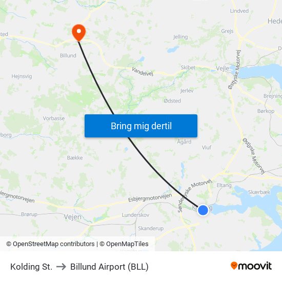 Kolding St. to Billund Airport (BLL) map