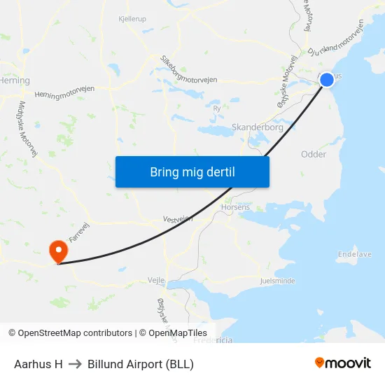 Aarhus H to Billund Airport (BLL) map
