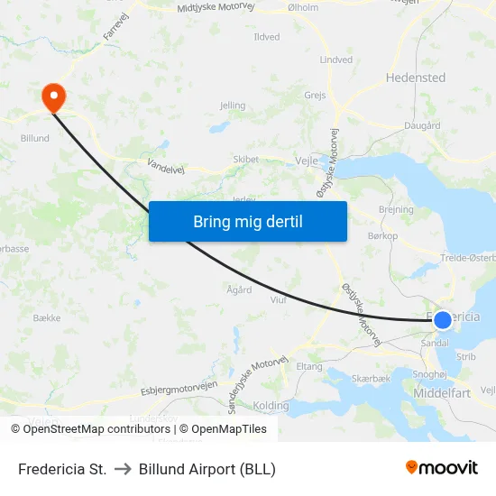 Fredericia St. to Billund Airport (BLL) map