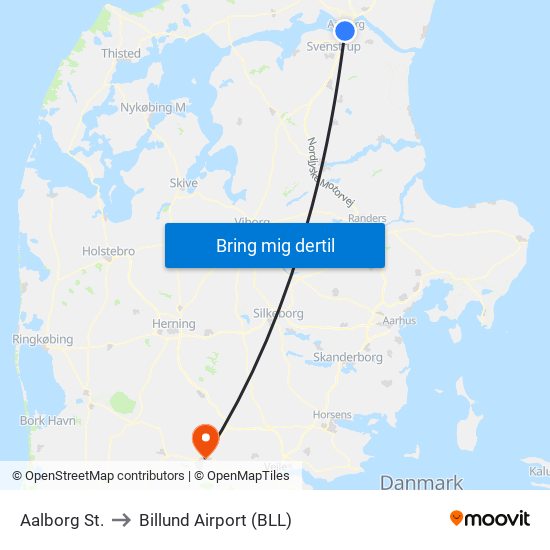 Aalborg St. to Billund Airport (BLL) map