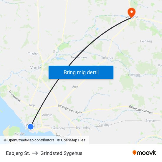 Esbjerg St. to Grindsted Sygehus map