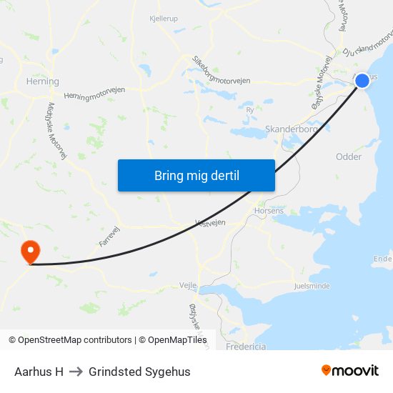 Aarhus H to Grindsted Sygehus map