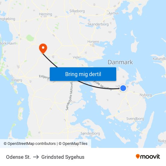 Odense St. to Grindsted Sygehus map