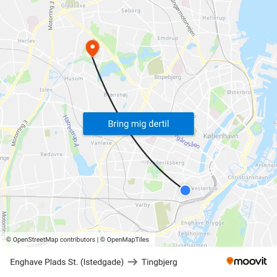 Enghave Plads St. (Istedgade) to Tingbjerg map