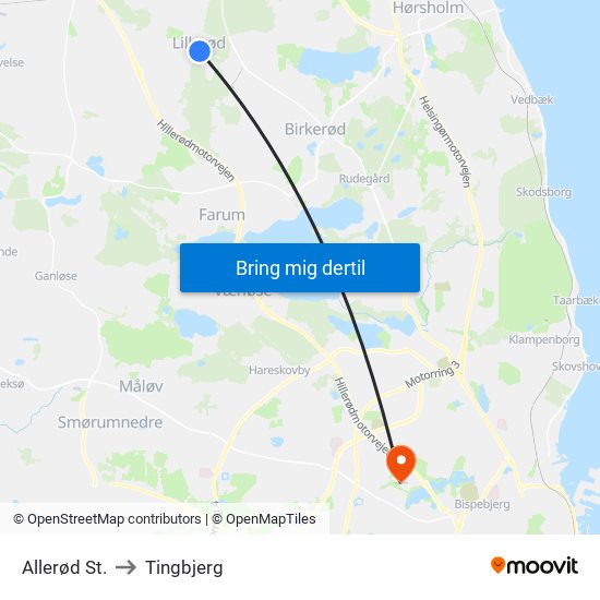 Allerød St. to Tingbjerg map