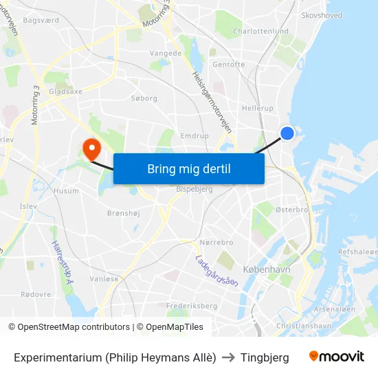 Experimentarium (Philip Heymans Allè) to Tingbjerg map