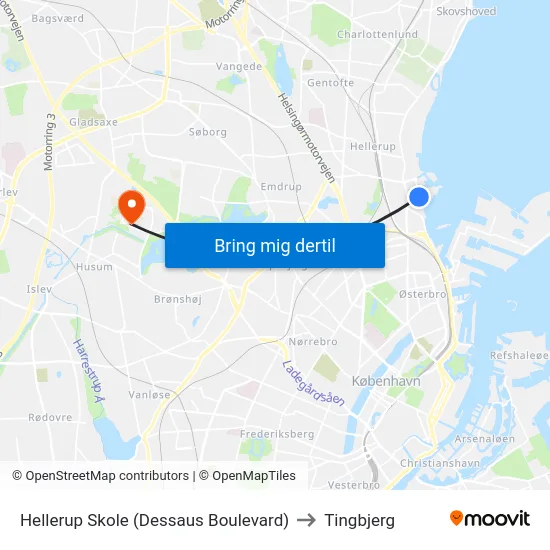 Hellerup Skole (Dessaus Boulevard) to Tingbjerg map