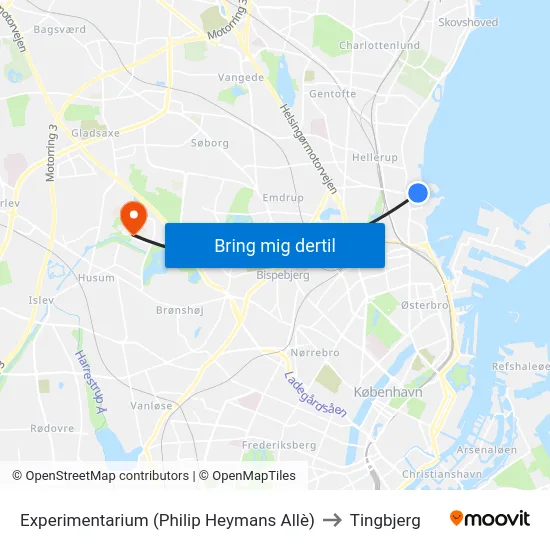 Experimentarium (Philip Heymans Allè) to Tingbjerg map