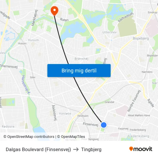 Dalgas Boulevard (Finsensvej) to Tingbjerg map
