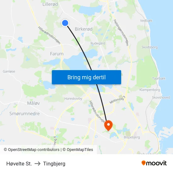 Høvelte St. to Tingbjerg map