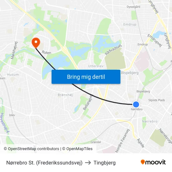 Nørrebro St. (Frederikssundsvej) to Tingbjerg map