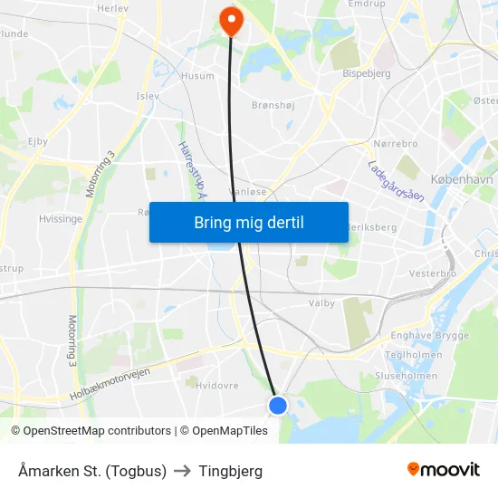 Åmarken St. (Togbus) to Tingbjerg map