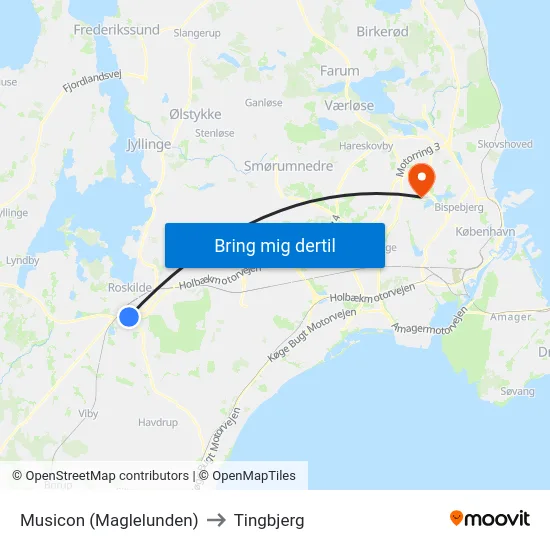 Musicon (Maglelunden) to Tingbjerg map
