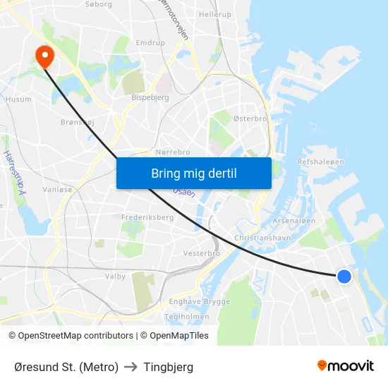 Øresund St. (Metro) to Tingbjerg map