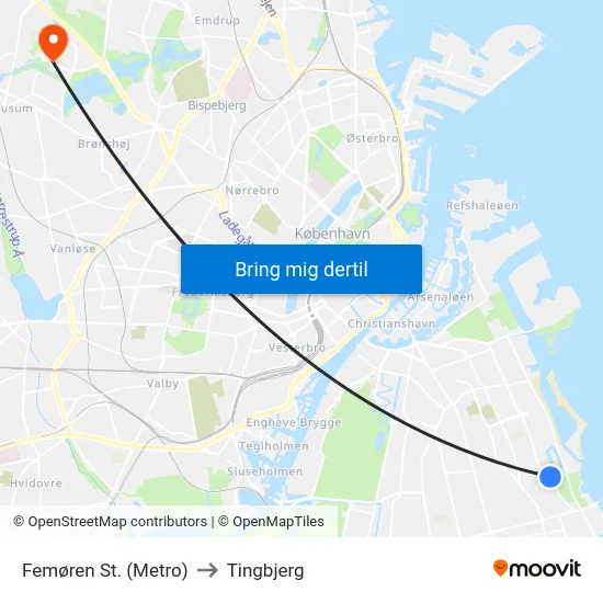Femøren St. (Metro) to Tingbjerg map