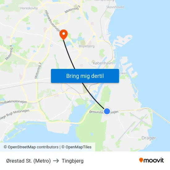 Ørestad St. (Metro) to Tingbjerg map