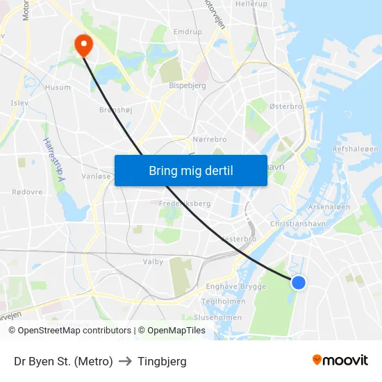 Dr Byen St. (Metro) to Tingbjerg map