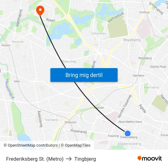 Frederiksberg St. (Metro) to Tingbjerg map