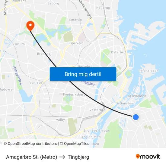 Amagerbro St. (Metro) to Tingbjerg map