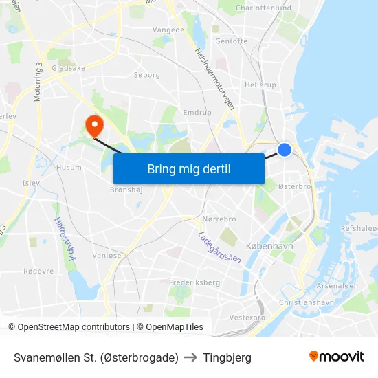 Svanemøllen St. (Østerbrogade) to Tingbjerg map