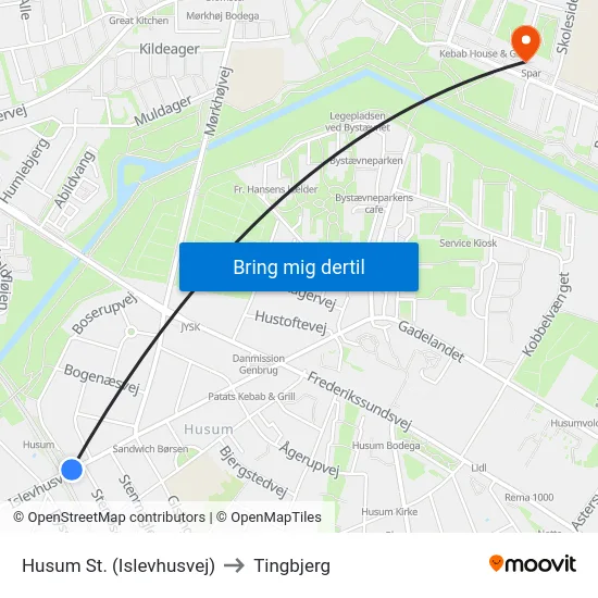Husum St. (Islevhusvej) to Tingbjerg map