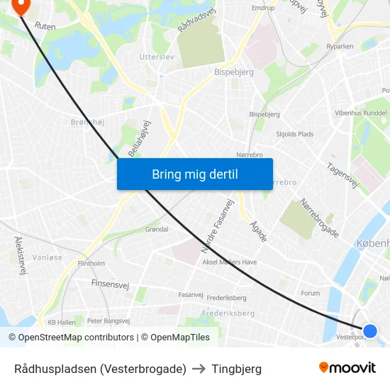 Rådhuspladsen (Vesterbrogade) to Tingbjerg map