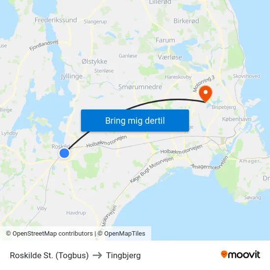 Roskilde St. (Togbus) to Tingbjerg map