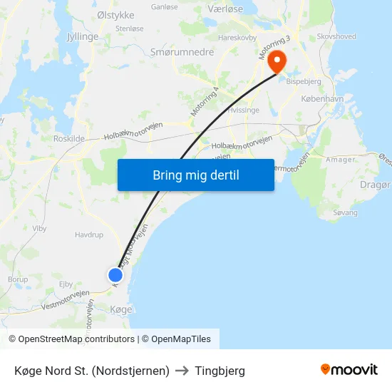 Køge Nord St. (Nordstjernen) to Tingbjerg map