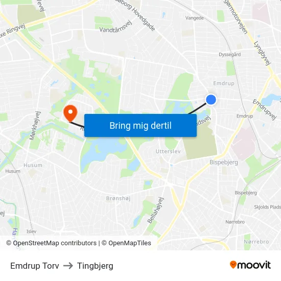 Emdrup Torv to Tingbjerg map