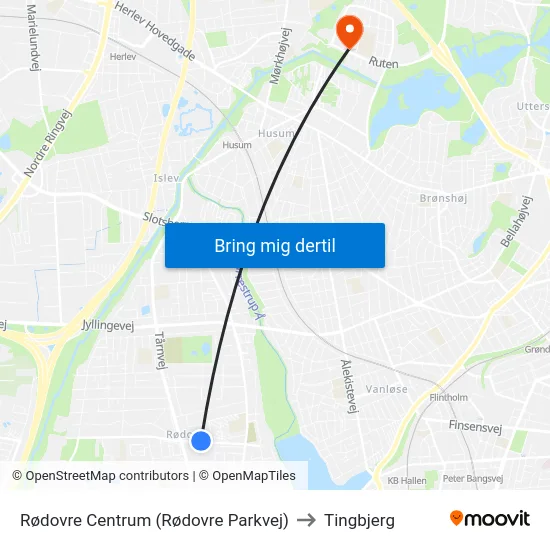 Rødovre Centrum (Rødovre Parkvej) to Tingbjerg map