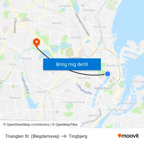 Trianglen St. (Blegdamsvej) to Tingbjerg map