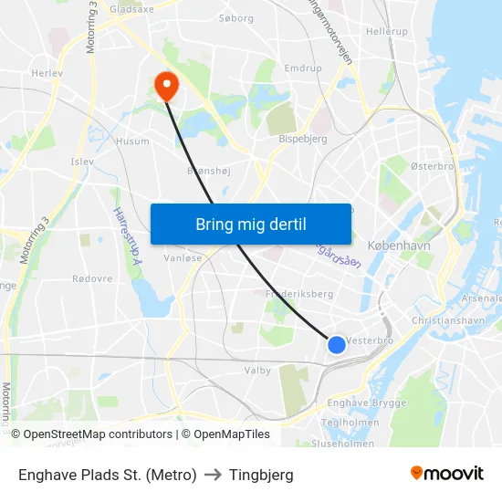 Enghave Plads St. (Metro) to Tingbjerg map