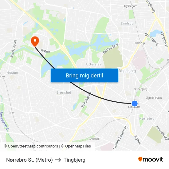 Nørrebro St. (Metro) to Tingbjerg map