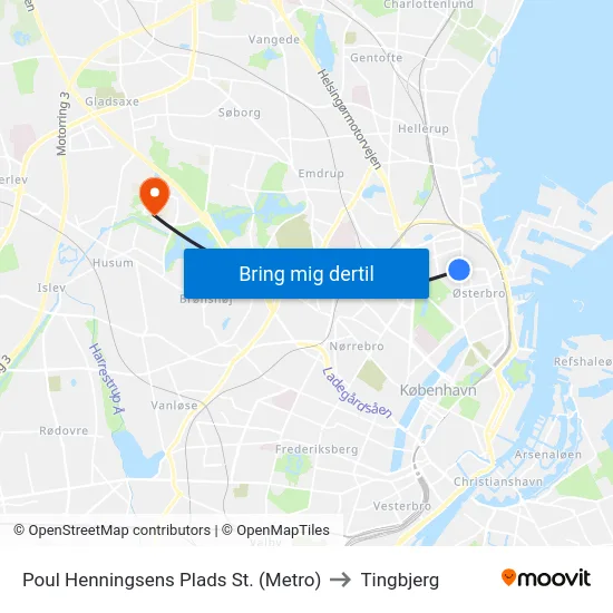 Poul Henningsens Plads St. (Metro) to Tingbjerg map