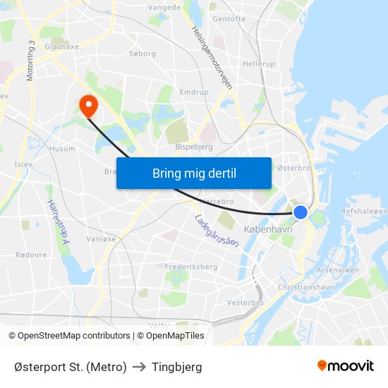 Østerport St. (Metro) to Tingbjerg map