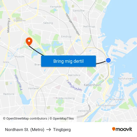 Nordhavn St. (Metro) to Tingbjerg map
