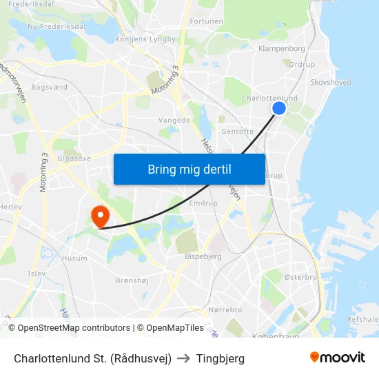Charlottenlund St. (Rådhusvej) to Tingbjerg map