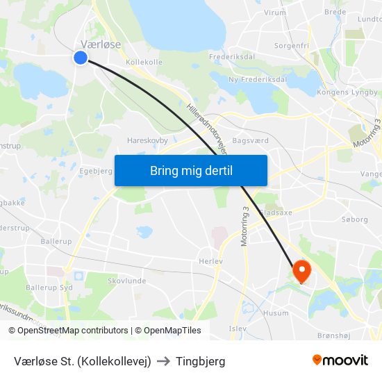 Værløse St. (Kollekollevej) to Tingbjerg map