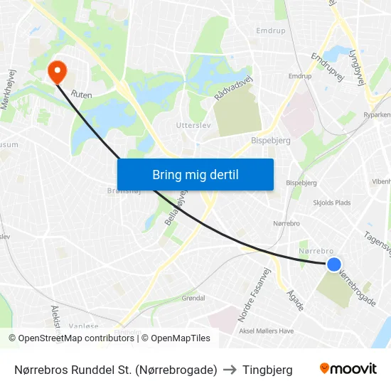Nørrebros Runddel St. (Nørrebrogade) to Tingbjerg map