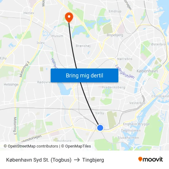 København Syd St. (Togbus) to Tingbjerg map