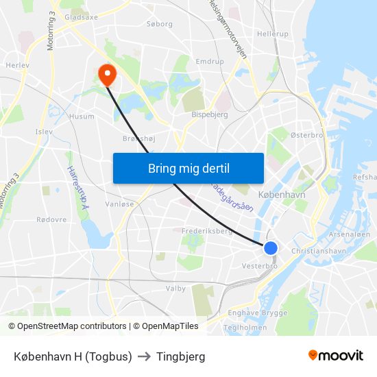 København H (Togbus) to Tingbjerg map