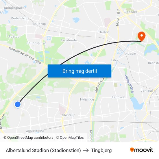 Albertslund Stadion (Stadionstien) to Tingbjerg map