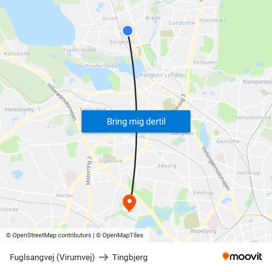 Fuglsangvej (Virumvej) to Tingbjerg map
