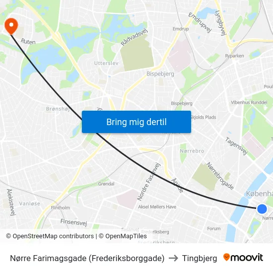 Nørre Farimagsgade (Frederiksborggade) to Tingbjerg map