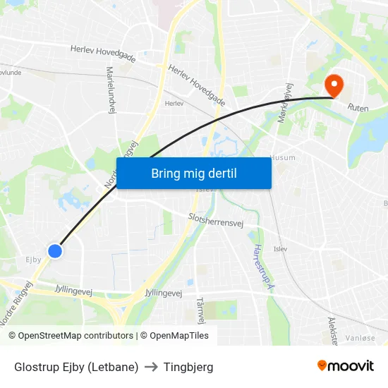 Glostrup Ejby (Letbane) to Tingbjerg map