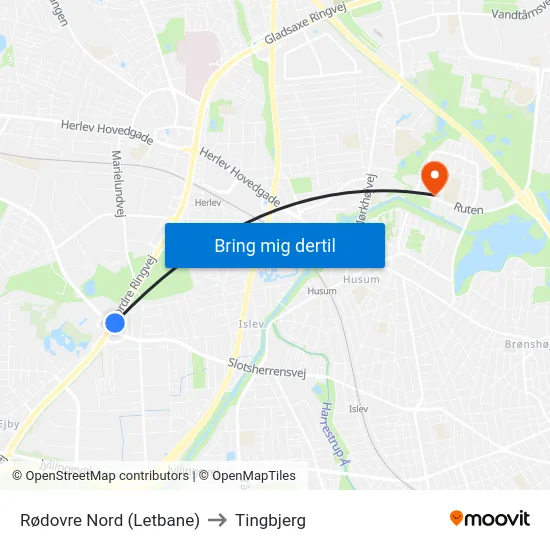 Rødovre Nord (Letbane) to Tingbjerg map