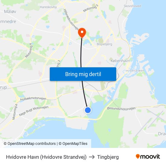 Hvidovre Havn (Hvidovre Strandvej) to Tingbjerg map