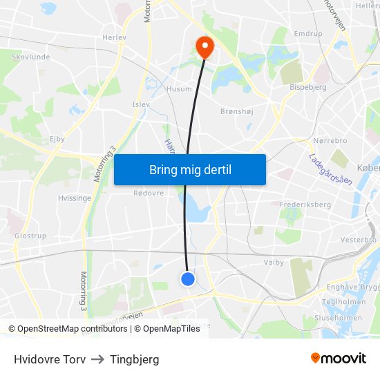 Hvidovre Torv to Tingbjerg map