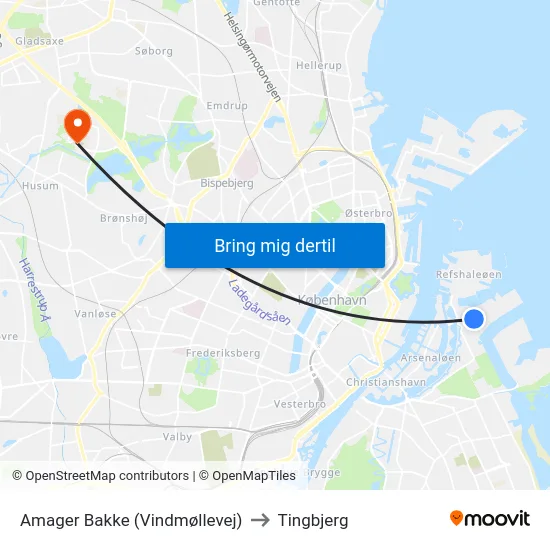 Amager Bakke (Vindmøllevej) to Tingbjerg map