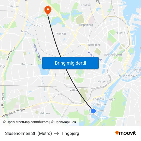 Sluseholmen St. (Metro) to Tingbjerg map